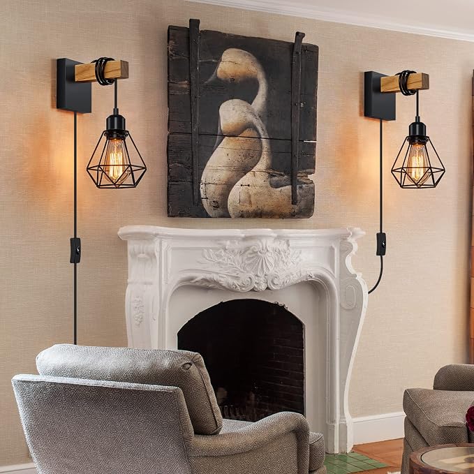 foucasal Plug in Wall Sconces Set of Two, Farmhouse Wall Light Plug in | 8.53FT On/Off Switch Cord, Indoor Rustic Wall Mounted Lamps Set of 2 for Bedroom, Living Room, Bathroom, Entryway, Porch