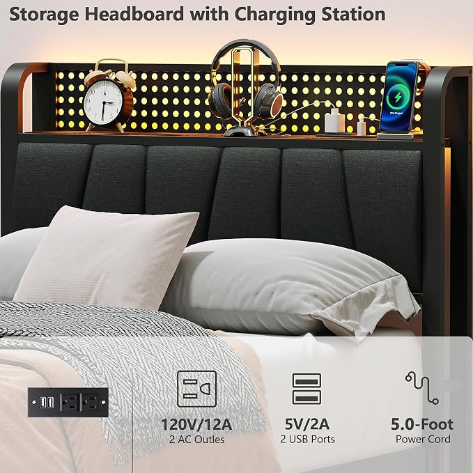 Twin Size Bed Frame with Storage Shelf and Upholstered Headboard | Metal Platform Bed with LED Light, Charging Station and Heavy Duty Slats, No Box Spring Needed, Noise Free & Easy Assembly