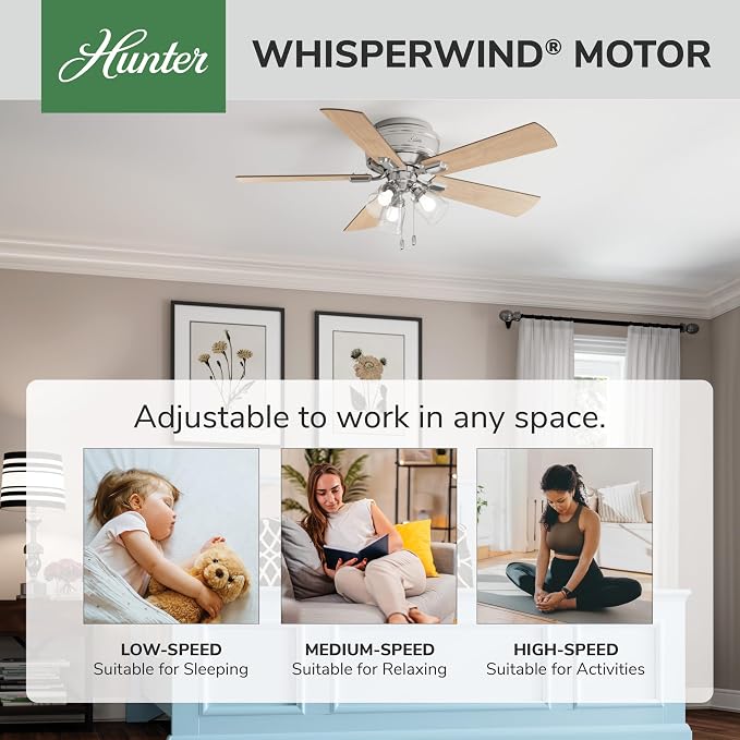 Hunter 52 inch Indoor Ceiling Fan with LED Lights and Pull Chain - Low Profile Flush Mount Ceiling Fan, 5 Blades, For Bedroom, Living Room, or Kitchen, Quiet - Crestfield 54209, Brushed Nickel | with LED Lights and Pull Chain, Low Profile Flush Mount, ...