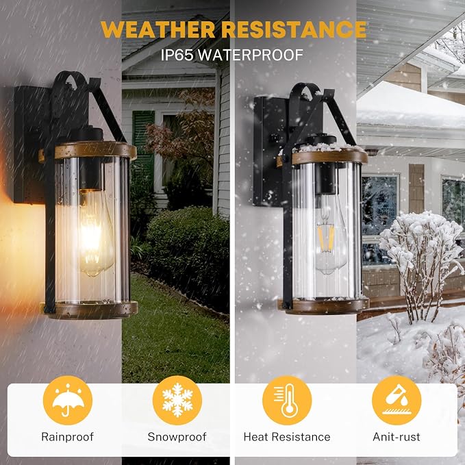 Dusk to Dawn Outdoor Light, Front Porch Light Waterproof Exterior Lighting Fixtures Wood Effect Glass Modern Outside Light for House, Patio, Yard, Garage Black 1 Pack