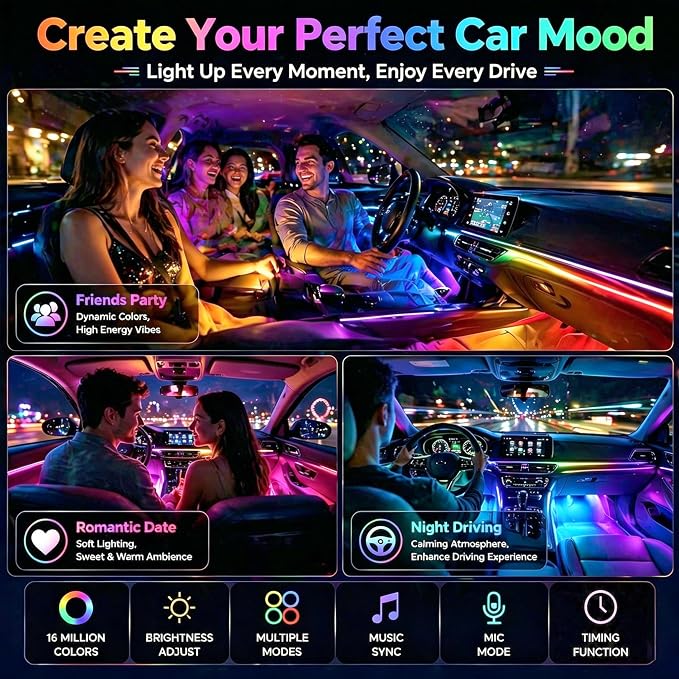 RGB-IC Car LED Interior Strip Lights with Remote Control, Dream Color APP Control Car Inside Ambient Lighting, Multicolor USB Footwell Under Dash Neon Light Kits for Cars,SUVs,ATV,Truck, DC5V