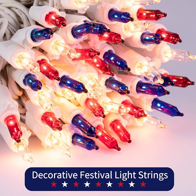 4th of July Decoration Patriotic Mini Lights - 100 Count 20 Feet Red White Blue Incandescent Bulb Waterproof String Lights Plug in for Indoor Outdoor Christmas Party Patio Independence Day Decoration