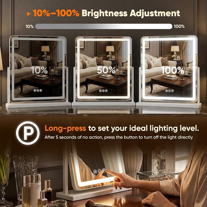 Antok Vanity Mirror with Lights, 24"X20" Lighted Makeup Mirror, Smart Touch, 3 Color Modes and Brightness Adjustable, LED Vanity Mirror with Detachable 10X Magnification, 360° Rotation for Makeup Desk