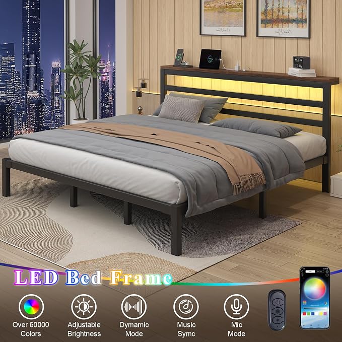 LOEWAY King Size Metal Bed Frame with Storage Headboard & LED Lights, Black | Built-In Charging Station, Under-Bed Storage, Heavy Duty Metal Slats, No Box Spring Needed, Solid and Stable, Easy Assembly