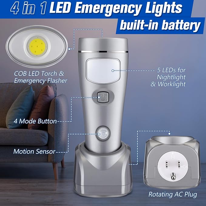 Enhon 2 Pack 4 in 1 LED Emergency Lights for Home Power Failure,Silver | Rechargeable plug-in flashlight, motion sensor night light, auto turn-on during blackout, hurricane supplies