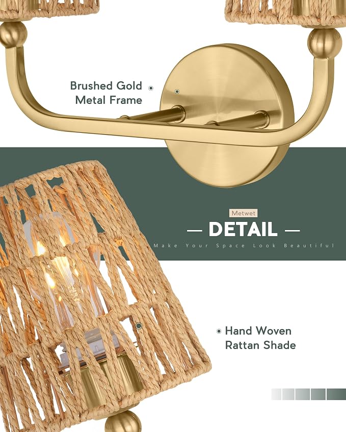 2-Light Brushed Gold Bathroom Vanity Light, Handwoven Rattan Shades | Ideal for 20-28" mirrors, 17" double wall sconce, upward only, E26 base, hardwired, bulbs not included, VL837-BG-RA-2-S