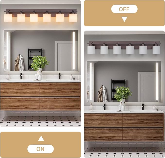 Modern Bathroom Light Fixtures Over Mirror, Vanity Lights for Bathroom Wall Sconces with Milky White Glass Shades, E26 Socket (Bulbs Not Included), 6 Light, Oil Rubbed Bronze