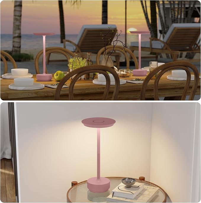 TBBGA 2 Pack Rechargeable Table Lamps Cordless, 5000mAh Outdoor Table Light | 3 Color Stepless Dimming Portable LED Table Lamp with Memory Function, for Home/Dinner/Patio/Restaurant.(Pink)