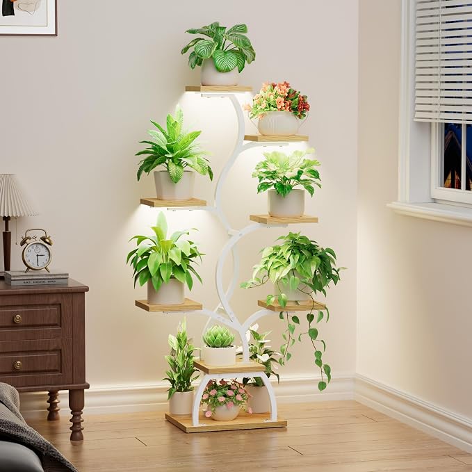 Plant Stand Indoor with Grow Light - 8 Tiered Corner Plant Shelf Indoor | 49" Plant Holder with Lights for Indoor Growing, Tall Lighted Flower Stand for Living Room, Balcony, White