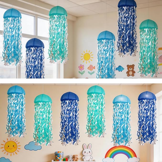 Jellyfish Paper Lanterns with LED Lights Set of 6, Blue Mix Dome Hanging Floating Decorations for Under the Sea Party Mermaid Birthday Ocean Classroom Beach Room Aesthetic