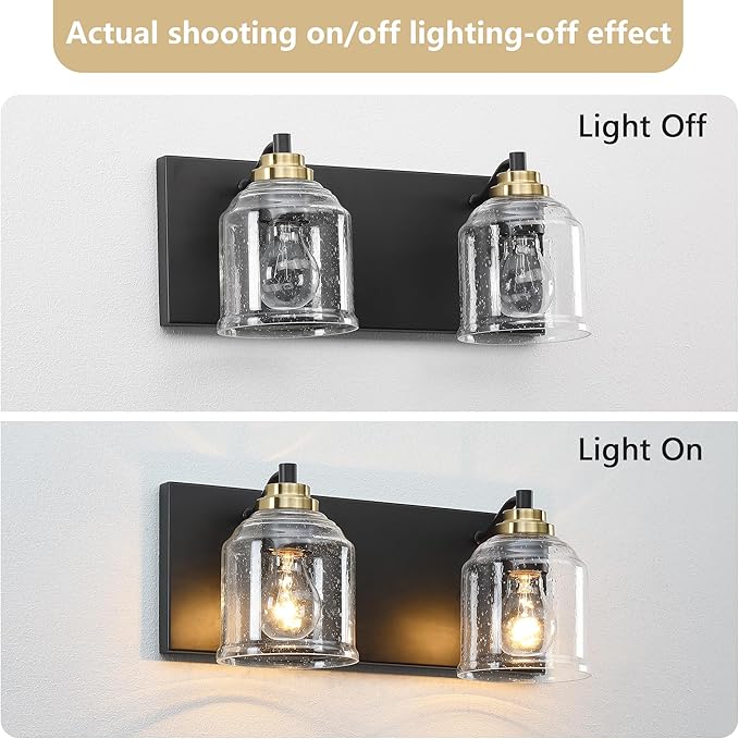 Vanity Lights for Bathroom Large 15.8", Farmhouse Rustic Vanity Light with Bubble Glass Shades, Black and Gold 2 Light Bathroom Lighting Fixtures Over Mirror, Bath Wall Sconce Home Decor