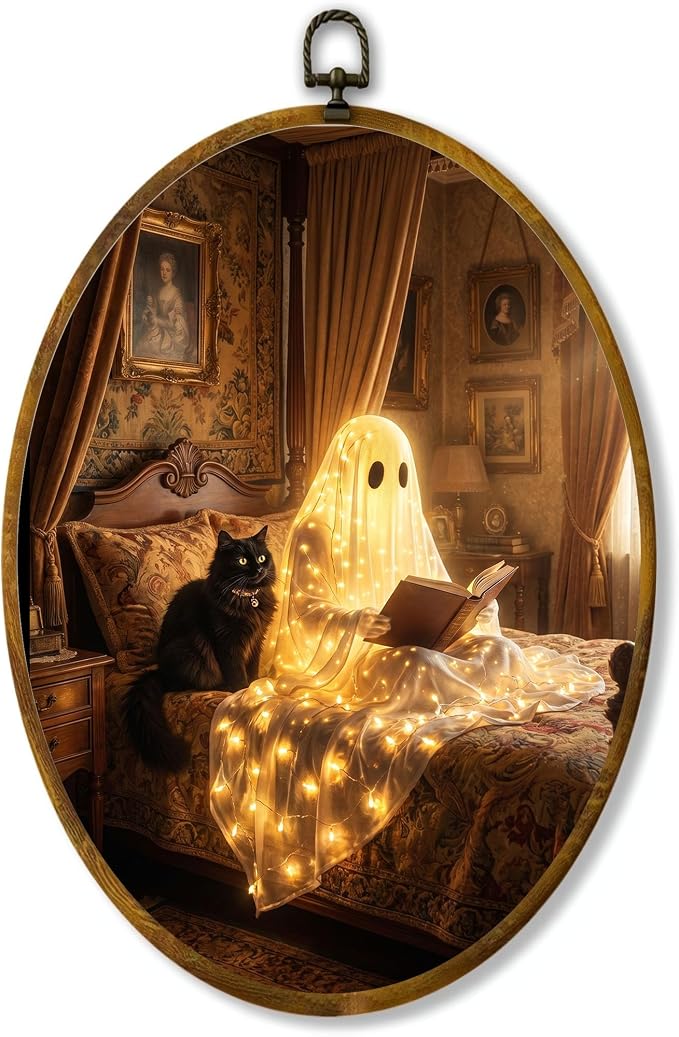 Glowing Ghost Black Cat Oval Wall Art, Framed Canvas Decor, 8.5x11.5 Inch | Reading ghost with black cat, glowing lights, vintage bedroom Halloween decor