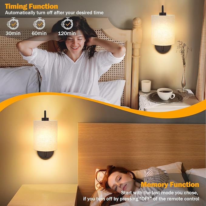 Battery Operated Wall Sconce Set of 2, Black Wall Light Fixture | Rechargeable Wall Mount Light, Dimmbale Bulb & Remote, 12 RGB Colors & Timer, Wireless Wall Lamp Linen Shade, Bedroom Hallway