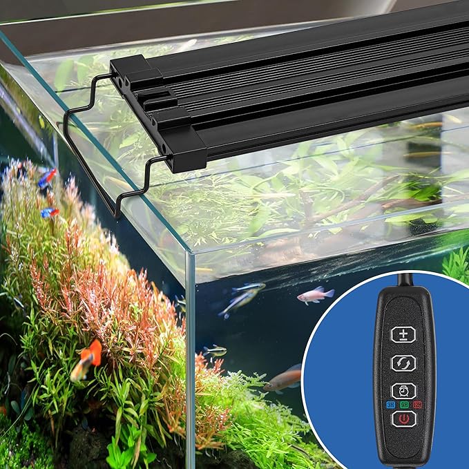 LED Aquarium Light for 12–18 Inch Fish Tanks – Timer with Auto On/Off, 10-Level Brightness, White/Blue/Red+White Modes, Extendable Brackets & Hanging Design (Rope Not Included) (12-18inch)