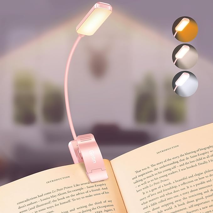 Gritin 9 LED Rechargeable Book Light for Reading in Bed | Eye Caring 3 Color Temps,Stepless Dimming Brightness,80 Hrs Runtime Small Lightweight Clip On Book Reading Light-Pink