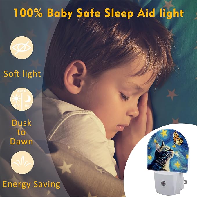 Cat and Butterfly Night Light for Kids, Starry Night Oil Painting Plug in Night Light with Dusk to Dawn Sensor, 0.5w Energy Saving Nightlight for Hallway Stairway Kitchen Bedroom