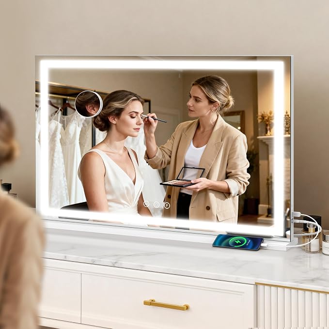 ROLOVE 39" x 28" Extra Large Vanity Mirror with Lights, Lighted Makeup Mirror with USB Charging Port & 10X Magnifier, 3 Color Dimmable Smart Touch, Wall Mounted or Tabletop Desk Mirror, White