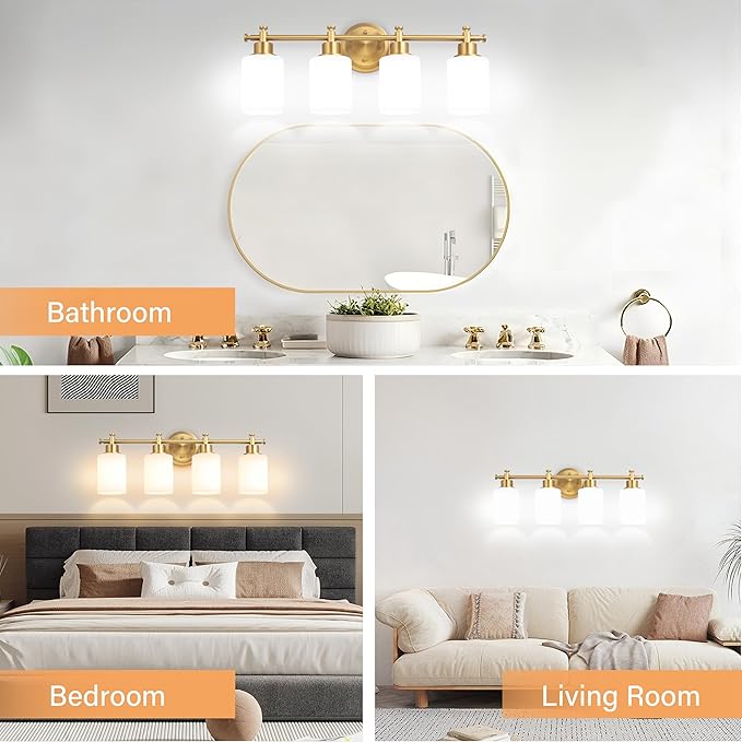 4-Light Bathroom Vanity Light, Brushed Gold Vanity Lights for Bathroom, Modern Brushed Gold Wall Sconce with White Glass Shades, Anti-Rust Light Fixtures over Mirror (Bulbs Not Included, E26 Base)