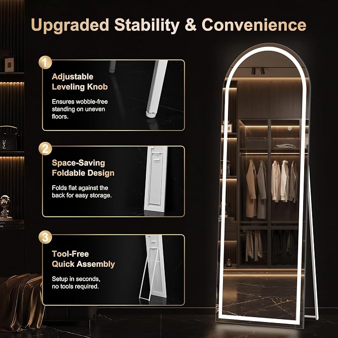 LED Arched Full Length Mirror, 60"x21" Full Body Mirror with Lights, Dimmable & 3 Color Lighting, Standing/Leaning/Wall Mounted Vanity Mirror for Bedroom, Dressing Room, Living Room
