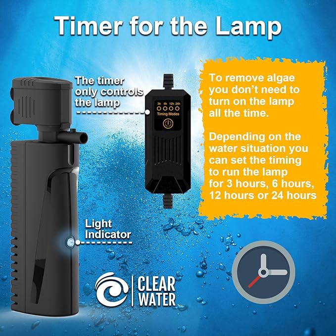 AquaMiracle Aquarium Filter with U - V Light & Pre-Filter Sponge, Fish Tank Filter with Timer for Green Water, Green Clean Machine Turtle Filter with Aeration for Aquarium and Pond 40-120 Gallon