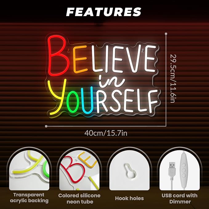 Believe in Yourself Neon Sign for Wall Decor Dimmable Inspiring Quote Neon Sign for Classroom Bar Club Bedroom Hotel Pub Cafe Wedding Office Decoration Birthday Party Gifts USB Powered