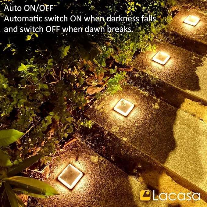 Lacasa Solar Deck Lights, 4 Pack Warm White Outdoor In-Ground Driveway Walkway Dock, IP68 Waterproof Solar Powered Stair Step Pathway Fence Auto On/Off LED for Garden Yard Patio