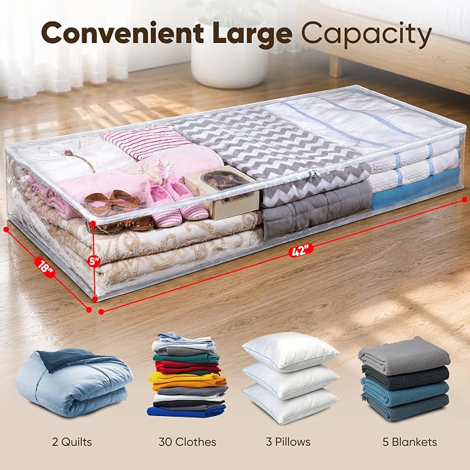Masirs Clear Underbed Storage Bag, Durable Vinyl Material to Shield Your Contents from Dust, Dirt and Moisture, Easy Gliding Zipper for Easy Access and Label Pocket for Easy Identification, (2-Pack)