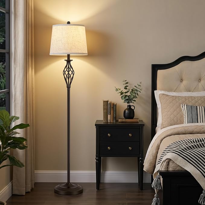 EJIAXIN Floor Lamps for Living Room - 62" Farmhouse Vintage Standing Lamp for Bedroom with Adjustable Color Temperatures,Brown Tall Lamp with Linen Shade,Reading Light for Home Office,Bulb Included