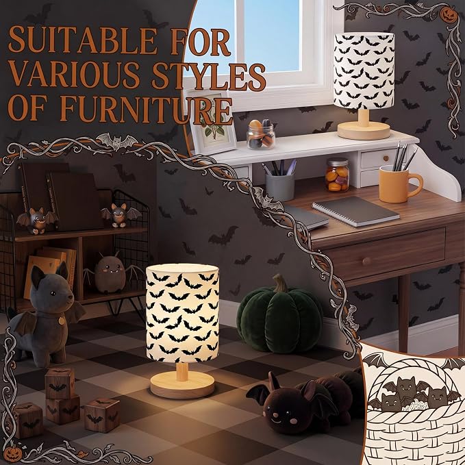 Bats Kids Table Lamp for Bedroom Kids Bedside Lamp with Linen Wooden Nightstand Cartoon Nursery Lampshade for Girls Boys Living Room