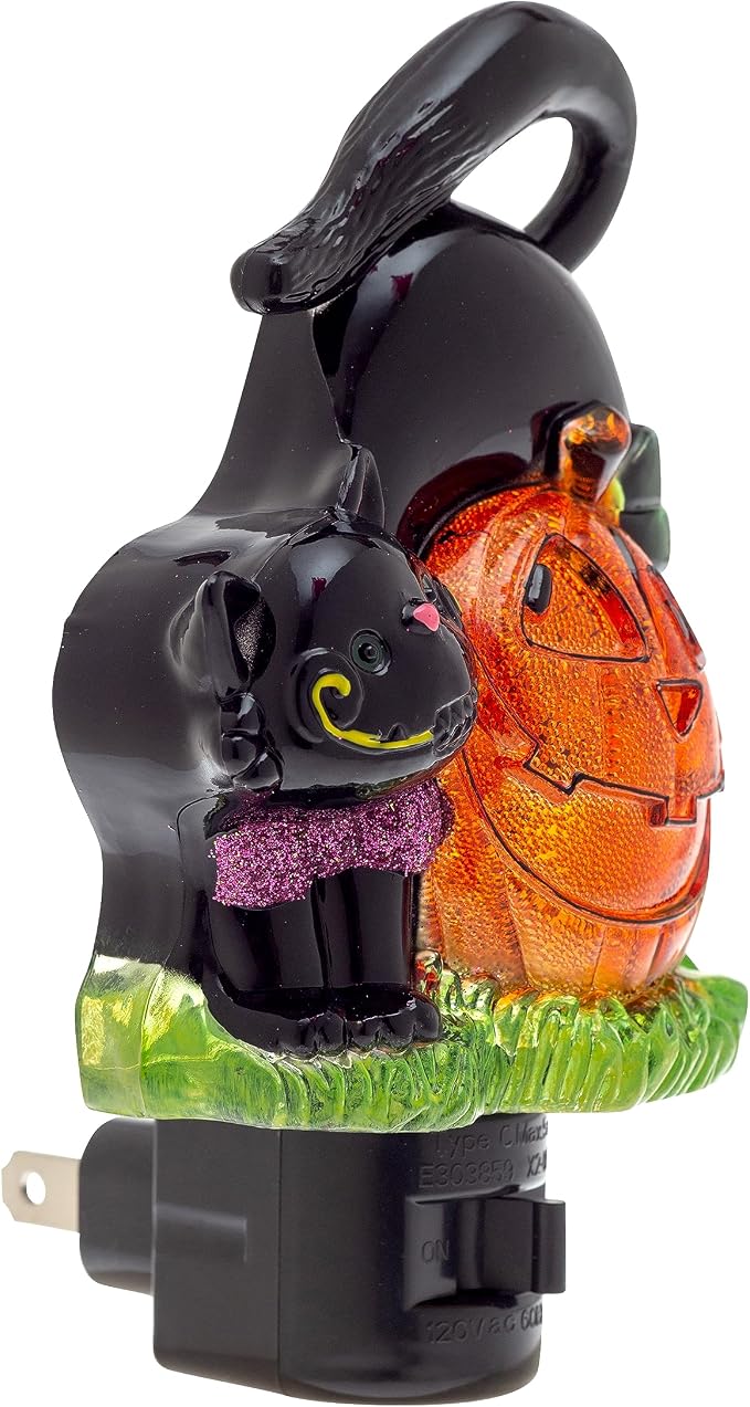 Creative Hobbies Holiday Decor Night Lights - Featuring Halloween Jack O' Lantern Pumpkin and Black Cat with Rotational Socket and On/Off Switch