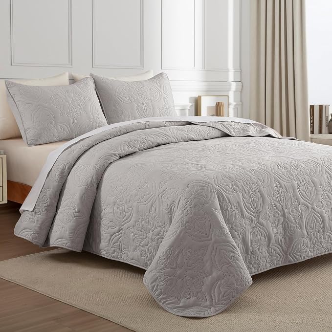 Whale Flotilla Twin Quilt Bedding Set Vintage Damask Reversible Bedspread | Suitable for Bed, 2 Pieces Light Grey Lightweight Breathable Quilts Twin Size, Ultrasonic Coverlet with 1 Pillow Sham