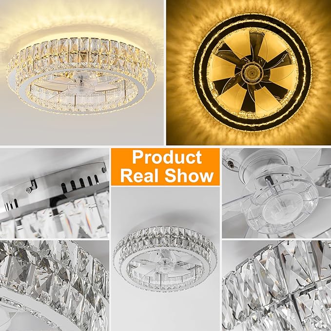 Fandelier Ceiling Fan with Lights and Remote Control Dimmable Crystal Ceiling Fan LED 3 Color 6 Speeds Chandelier Fan Bedroom Kitchen Living Room