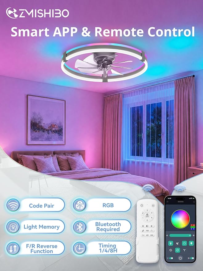 ZMISHIBO 23" RGB Low Profile Ceiling Fans with Lights and Remote, Grey | Custom RGB+3CCT Dimmable, 6 Speeds, Remote/App Control, Reversible DC Motor, Memory, Timer, Modern Fandelier for Kids/Bedroom