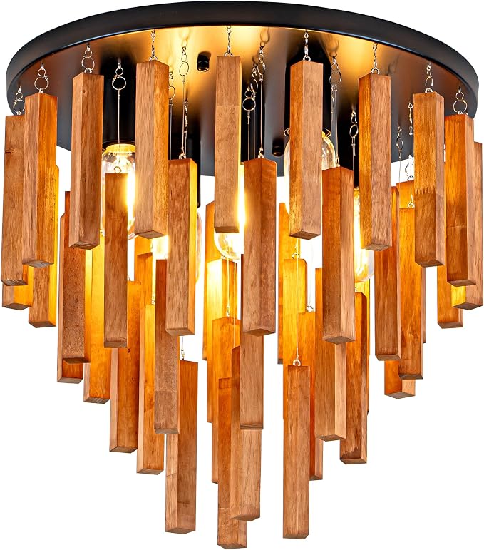 16.6" Farmhouse Ceiling Light, 5-Light Wood Chandelier, Rustic Light Fixture with Wood and Black Metal Finish, Farmhouse Semi Flush Chandelier for Bedroom, Hallway, Entryway, Kitchen