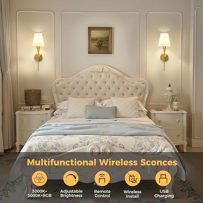 Battery Operated Wall Sconce: Set of 2 Wireless Wall Light 12000mAh | 15 Color Rechargeable Wall Sconces, Sconce Wall Decor Set of 2 for Bedroom, Living Room, Gold 20.7in