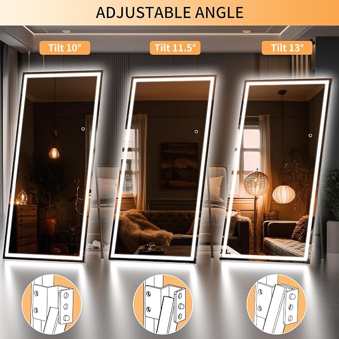 Hasipu Full Length Mirror with Lights, 81" x 34" LED Lighted Floor Standing, Full Body Dressing Hanging Mounted Mirror, Tempered Glass, Square Black
