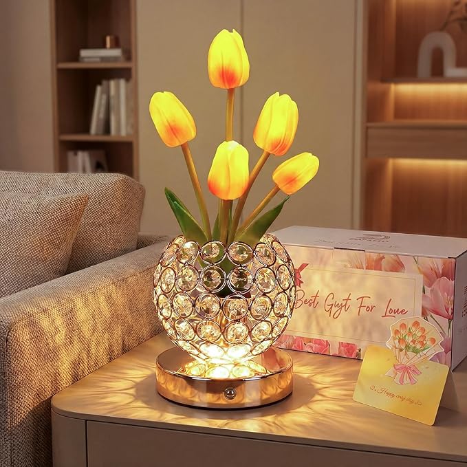 Birthday Gifts for Women Mothers Day Gifts/for Mom Tulip Table Lamp | 3 Color Crystal Flower Bedside Lamps Infinitely Dimming with USB Charge Small Night Light,Night stand Touch Lamp(gold-tulip)