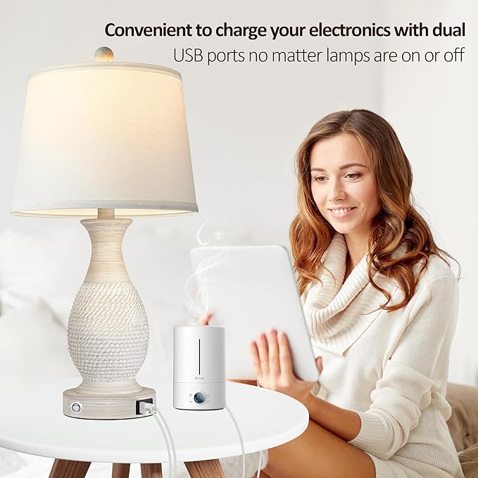 PARTPHONER Set of 2 Table Lamps with USB C+A Fast Charging Ports, 26" Tall Farmhouse Living Room Lamp with 3-Way Dimmable Nightstand Lamp White Fabric Shade for Living Room Bedroom Home Office