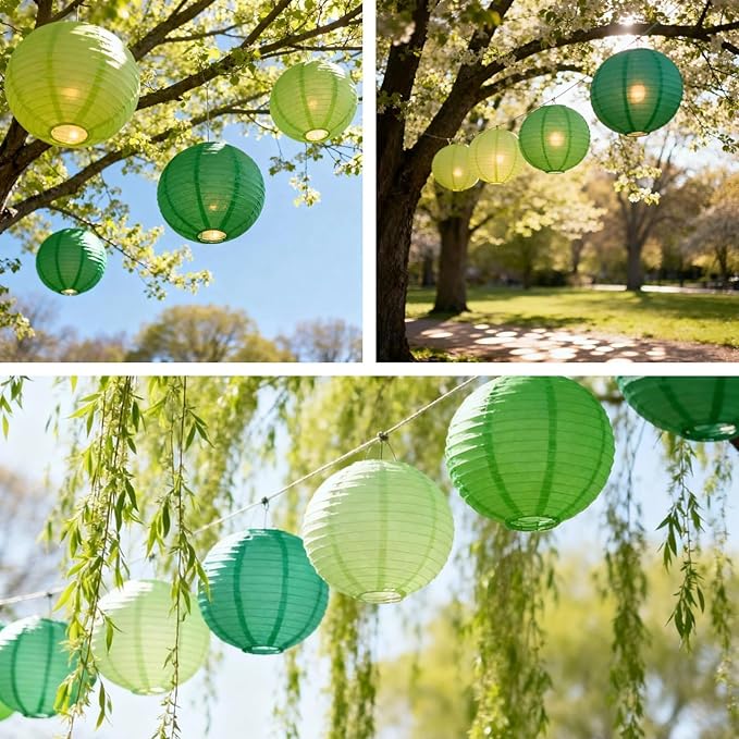 Chinese Paper Lanterns - Pack of 10, 10-Inch Light Green/Green Hanging Lights for Birthday Party Decorations, Ceiling Decor, Rainbow Classroom, Wedding, and Home Party