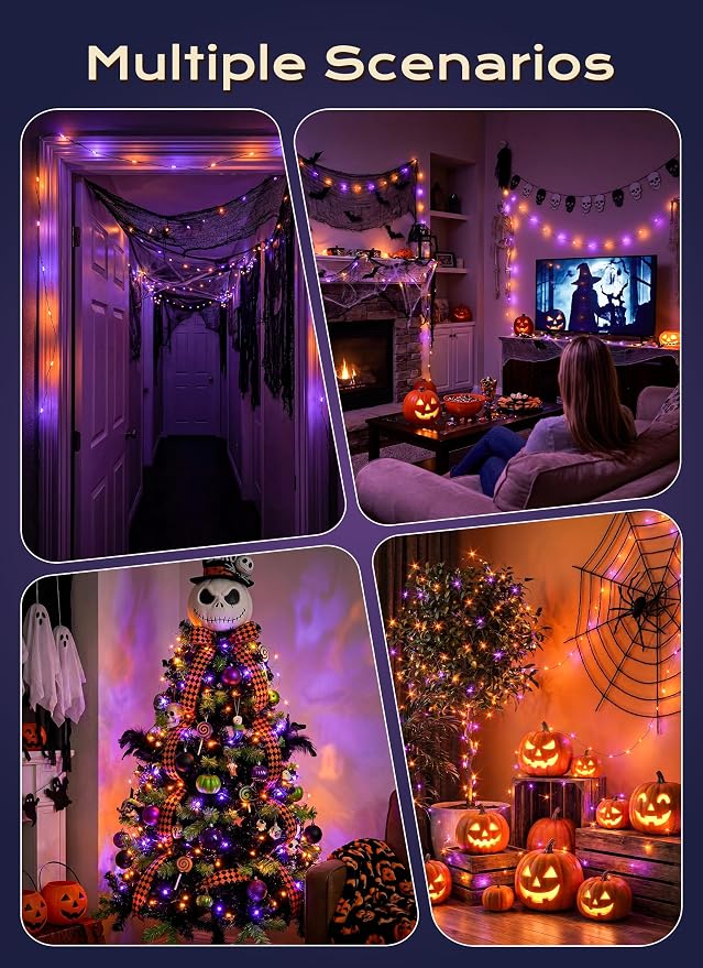 Halloween Fairy Lights Plug in, 33Ft 100LEDs Halloween String Lights, Waterproof Flexible Black Wire String Lights for Home Party Haunted House Indoor Outdoor Halloween Decorations, Orange & Purple