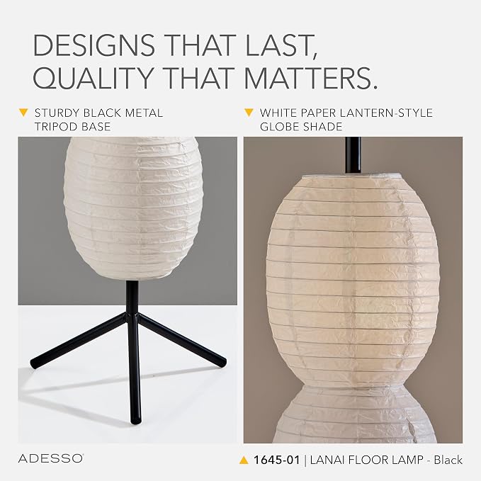 Adesso Paper Lantern 27” Table Lamp, 2-Light Decorative Desk Lamp with White Paper Shade, Tripod Base & in-Line Switch for Bedroom, Office, Living Room Decor