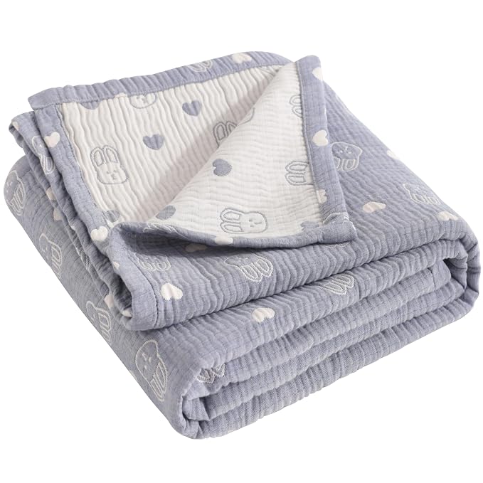 NTBAY 3 Layer Oversized Muslin Toddler Blanket, 45 x 60, Blue Rabbit | Muslin Cotton Outer Layers with Light Thermal Fiber Fill, Reversible Blanket for Daycare, Travel, Naps, and Supervised Use