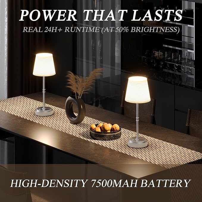 Cordless Table Lamp Rechargeable Silver - 1 Pack 7500mAH Battery Operated Lamp for Decor, 3000K Stepless Dimming Touch Control Wireless Lamp for Bedroom, Dining Table, Counter, Living Room