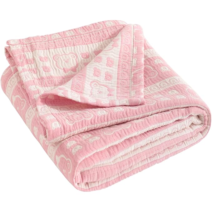 NTBAY 3 Layer Muslin Toddler Blanket, 30 x 40, Pink Bear | Breathable Muslin Cotton Outer Layers with Light Thermal Fill, Reversible for Stroller, Daycare, Travel, and Supervised Use
