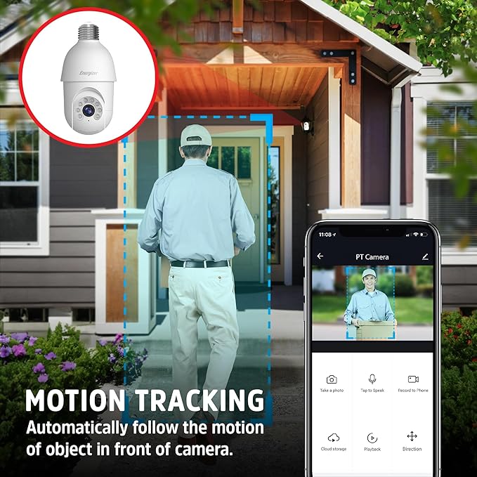 Energizer Smart Socket Camera 3-Pack, 2K QHD Outdoor Light Bulb Security Camera, 5GHz/2.4GHz, Pan & Tilt Auto Motion Tracking, 2-Way Audio, Night Vision, Recording, Voice Control with Alexa & Google