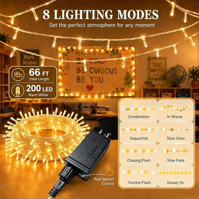PJT 200 LED Classroom String Lights 66FT Warm White Fairy Lights, Teacher Classroom Decor Plug in Lights with 8 Lighting Modes for Bulletin Board, Reading Corner, Wall, Back to School, Home Decor