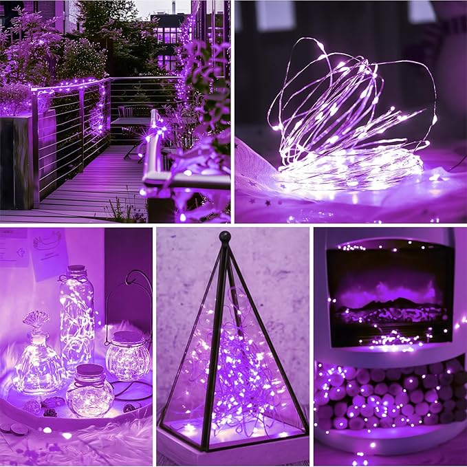 Purple Fairy Lights Battery Operated (Included), 8 Modes & Auto timer, 16FT 50Led Mini Twinkle Silver Wire Firefly Starry lights, Waterproof Battery Operated Lights for Party Bedroom Christmas
