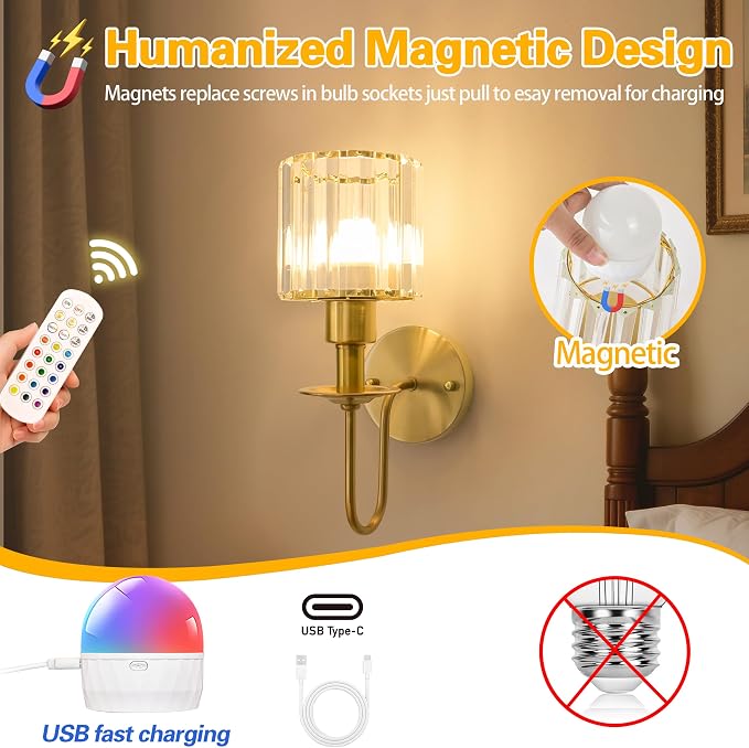 Battery Operated Wall Sconces Set of 2, Gold Crystal Wall Lights | 5200mAh rechargeable wall lights with magnetic bulbs, remote control, 15 colors, 10-level dimming and timer for bedrooms