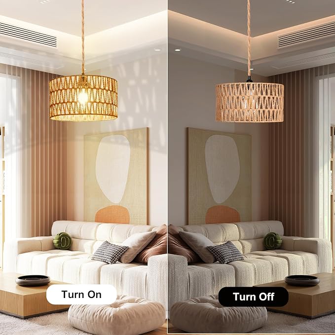 Maliralt Hanging Lamps Rattan Pendant Light Hanging Lights 16.4ft Plug in Cord Pendant Light Fixture Plug Into Wall Outlet Pendant Lighting with On Off Switch for Bedroom Living (Cylindrical Shade)