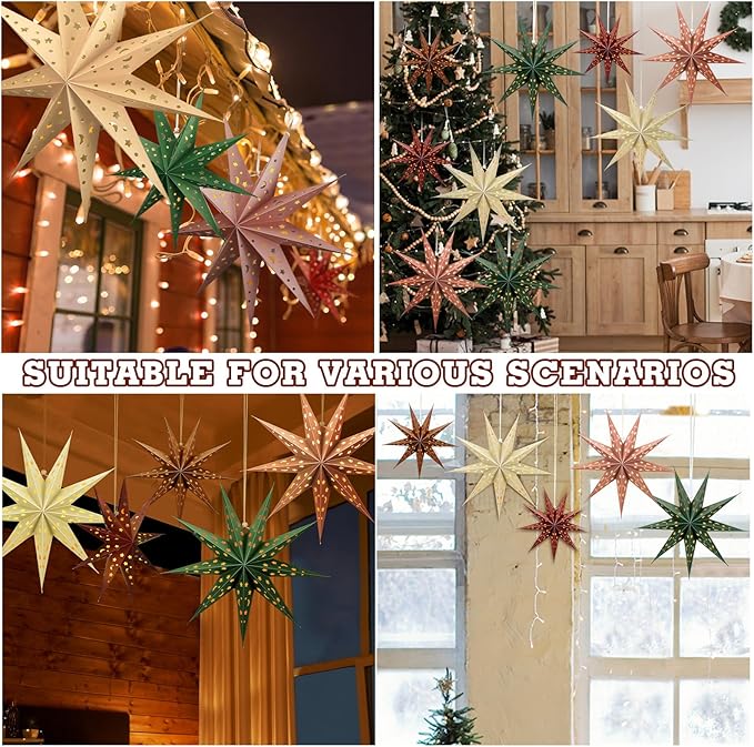 5 Set 3D Paper Star Lantern - 9 Pointed Hanging Star Lampshade for Xmas Wedding Birthday Party Decor(Brown, Green, Beige, Red, 24 Inch)